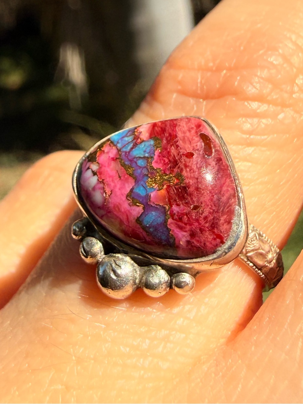 Sterling Silver Purple Pink Blue Gemstone Statement Ring Artisan Boho